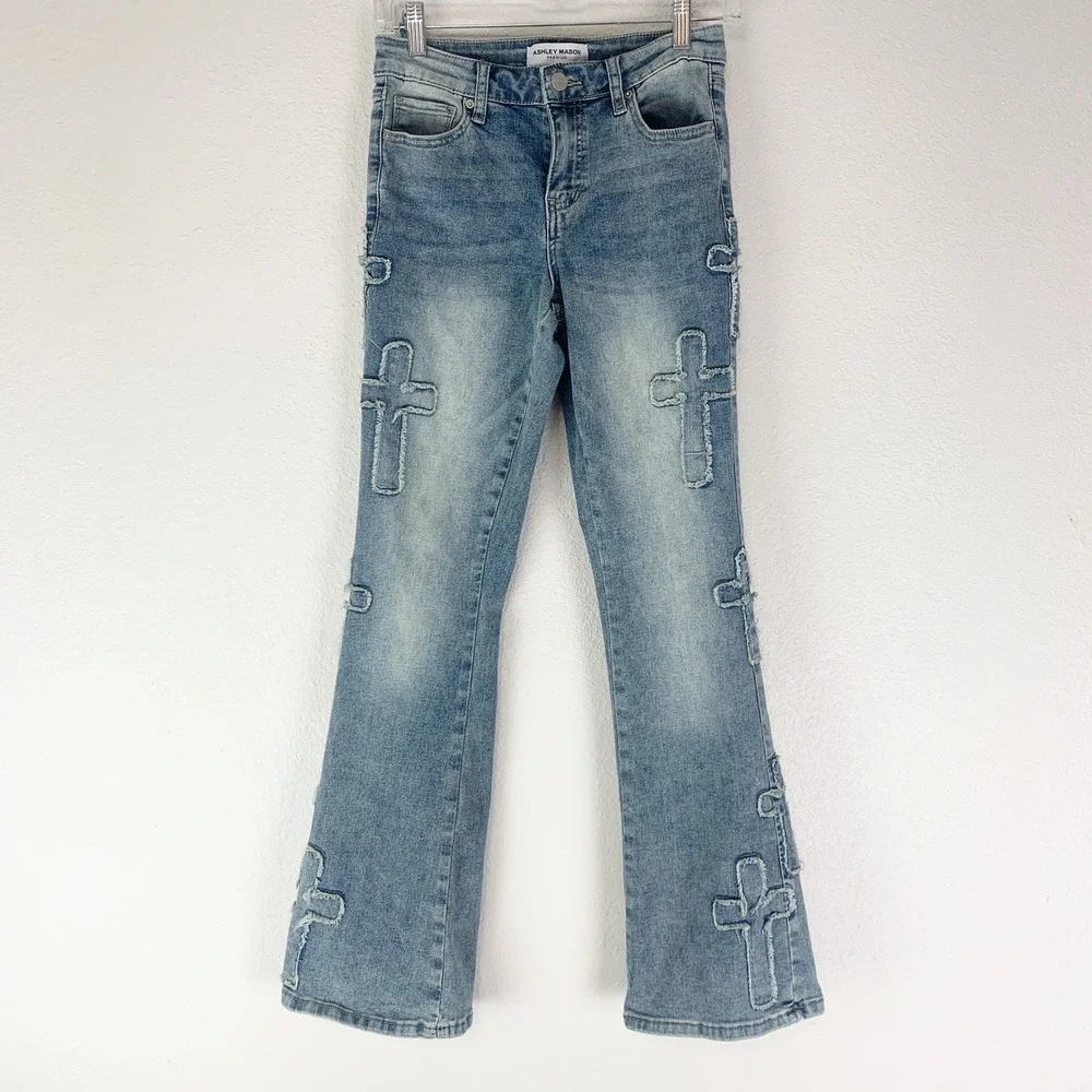 Ashley Mason Premium‎ Jeans High Rise Bootcut Cross Size 0/24 Blue Stretch Denim